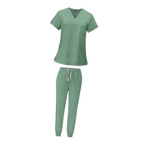 Harilla Peeling-Set für Frauen, Krankenschwester-Arbeitskleidung -Ausschnitt, professionelles maschinenwaschbares Oberteil und Jogginghose, GRÜN, l