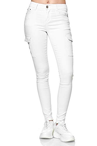 Elara Damen Cargo Jeans Slim Fit Seiten Taschen Chunkyrayan YA572 White-42 (XL)