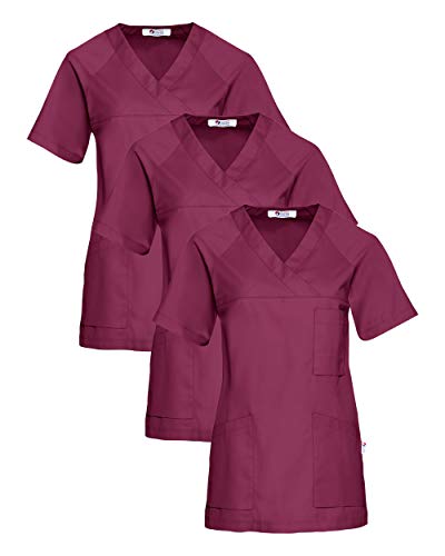 CLINIC DRESS Schlupfkasack 3er-Pack Damen Kasacks für Pflege Ärzte und Ärztinnen Praxisteam V-Ausschnitt Raglanärmel 95 Grad Wäsche Berry S