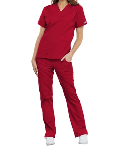 Cherokee Damen OP-Oberteil Originals - Kasack Oberteil - OP-Oberteil - Klinik-Hemd - Klinikkleid - Schlupfkasack - V-Ausschnitt - Scrubs - Medizinische Berufsbekleidung - Rot - XL