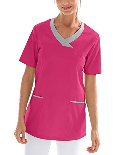 CLINIC DRESS Schlupfkasack Damen-Kasack für die Pflege 1/2 Arm V-Ausschnitt 2 Seitentaschen mit Passennaht 50% Baumwolle 60 Grad Wäsche pink/grau 40