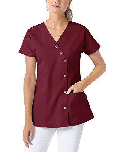 CLINIC DRESS Kasack für Damen V-Ausschnitt Druckknopfleiste für Krankenpflege und Altenpflege 50% Baumwolle 95 Grad Wäsche Bordeaux 38