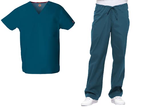 Dickies EDS Signature 83706 Unisex-Kasack, verstaubares Oberteil mit V-Ausschnitt und 83006 Hose mit Kordelzug, Karibikblau, Größe M Oberteil/M Hose