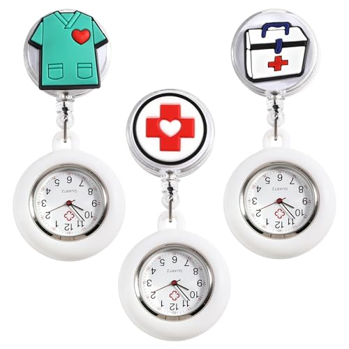 Begonia 3 Stück Krankenschwester Uhr,Tragbar Quarzuhr Krankenschwesteruhr Mit Clip,Dehnbare Silikon Hülle,mit Leuchtend für Damen Pflegeuhr Taschenuhr für Doktor Pfleger Krankenschwester