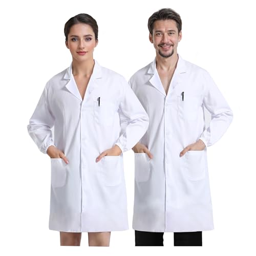 JXCTNNU Laborkittel Weiß Kittel Arztkittel Unisex Chemie Schutzkleidung Herren Damen Langarm Medizin Mäntel Medizinische Uniform mit Knöpfen 3 Tasche für Labor Studium Arbeit, S (160-165CM)