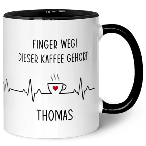 Bedruckte Tasse mit Spruch - Finger Weg! - Personalisiert mit Name - Lustige Geschenke für Arbeitskollegen im Büro Arbeit - Geschenk für Sie & Ihn - Spülmaschinenfest - Farbe Schwarz & Weiß