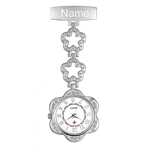 Avaner Krankenschwesteruhr Pflegeruhr Herz Blumen Design FOB Analog Quarzwerk Pulsuhr Ansteckuhr Unisex Silver Schwesternuhren mit Pin/Clip Set Ausziehbar Arzt Doktor Medical Taschenuhr