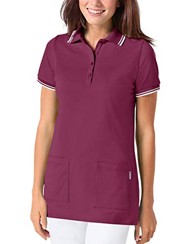 CLINIC DRESS Longshirt Damen-Longshirt mit Polokragen 73 cm lang mit Seitenschlitzen, mit Stretch Berry/weiß 42/44