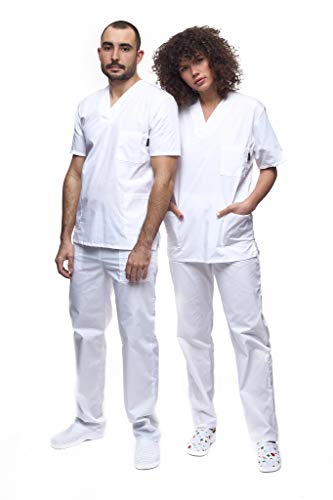 Mazalat, Unisex medizinische uniform Set mit Kasack und Hose, Medical Schrubb-Set, Pflege Berufsbekleidung, Wieß, L