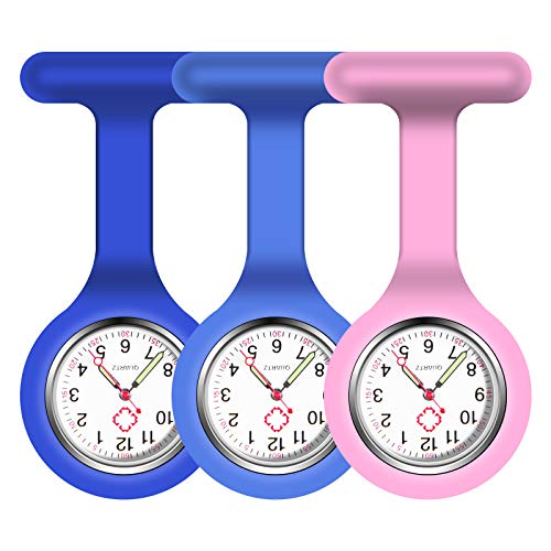 Vicloon Krankenschwester Uhren,3 Pcs Schwesternuhren mit Clip, Dehnbare Silikon Hülle, um Bruch zu Verhindern, Glow Pointer, Quarzwerk, Ansteckuhr für Krankenschwestern und Ärzte