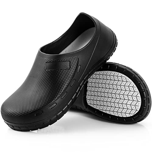 Chef Shoes for Men,Non Slip Oil Resistant Waterproof Safety Garden Work Shoes Comfortable Nursing Shoes for Nurse Crews Indoor Outdoor, Chef Clogs for Kitchen Restaurant Garden Bathroom Black