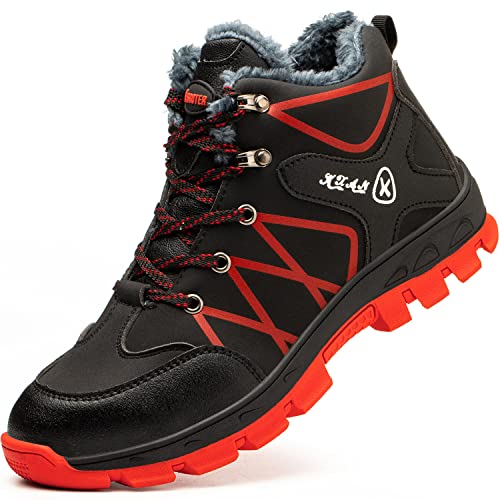 SROTER Damen Herren Arbeitsschuhe Stahlkappe Wasserdicht Gefüttert Sicherheitsschuhe Schneestiefel Trekking Wanderschuhe Winterschuhe Stiefel Trekking Schuhe,04 Rot/Schwarz,43 EU