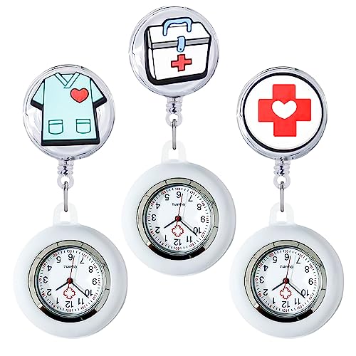 Krankenschwester Uhr, 3 Stück Schwesternuhr mit Clip, Krankenschwesteruhr Ansteckuhr fob, Pflegeuhr, Dehnbare Silikon Hülle, mit Leuchtend für Damen Taschenuhr Ansteckuhr Dehnbare Silikon Hülle