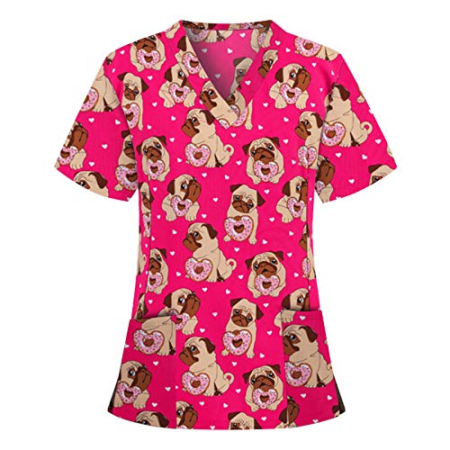 Kleidung Krankenhaus Schlupfhemd Bluse Kurzarm V-Neck T-Shirt Mischgewebe Kasack Damen Pflege mit Katze Motiv Bunt Arzt Uniform Berufsbekleidung Krankenschwester